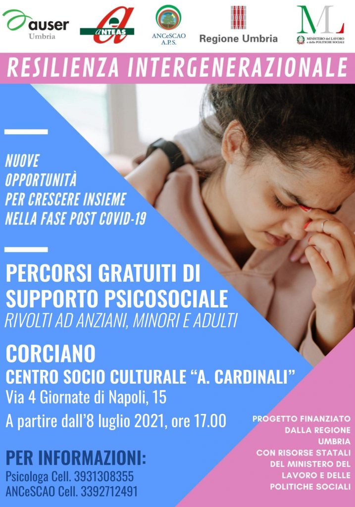 GIOVEDì 8 LUGLIO 2021 ORE 17,00 PRESSO SEDE CENTRO SOCIALE CARDINALI, PRESENTAZIONE DEI PERCORSI GRATUITI DI SUPPORTO PISICOSOCIALE POST COVID 19.